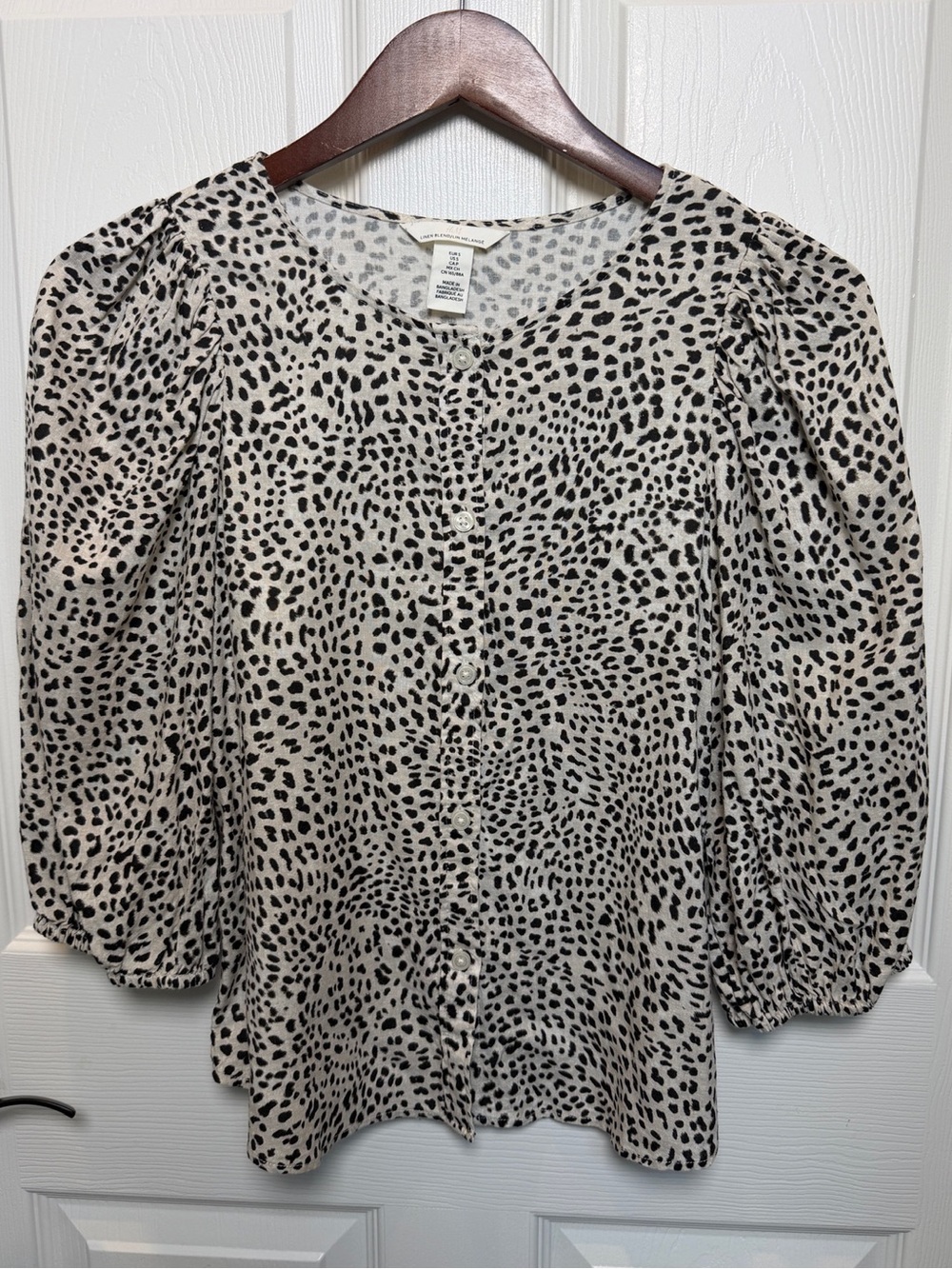 H&M Leopard Animal Print Spotted Linen Button-Front Statement Sleeve Blouse
